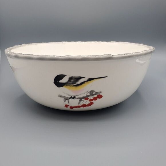 Global Design Kate Williams Winter Chickadee Gray Trim Berries 10" Veg. Bowl - Picture 4 of 9